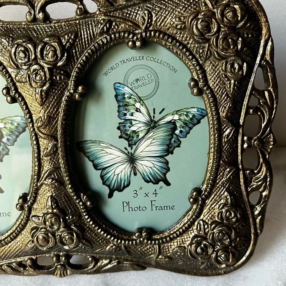 Gold ornate Double Photo Frame metal or brass for 3”x4” photo